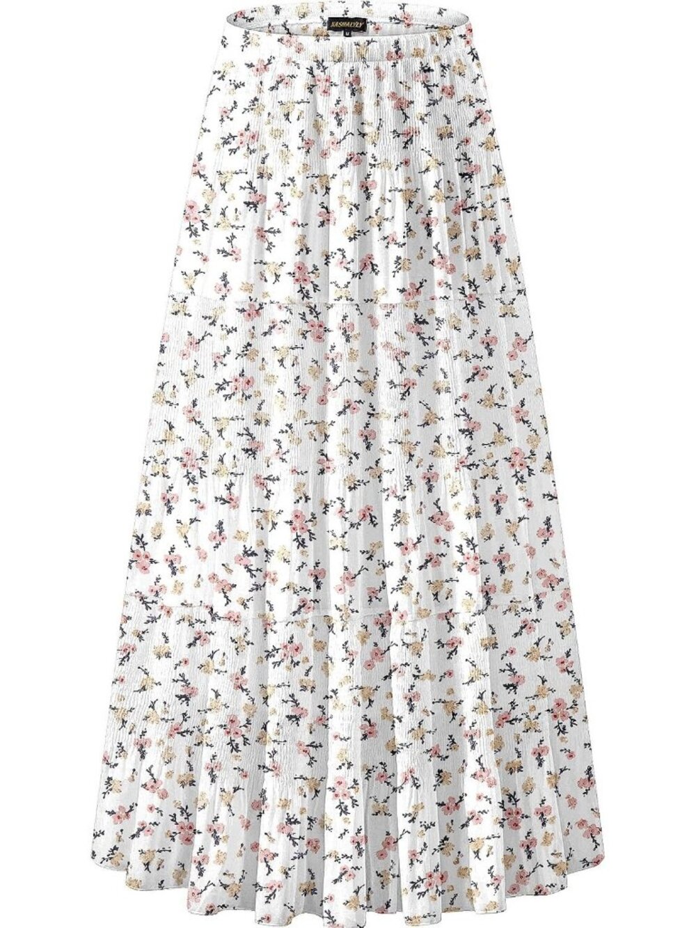 Women's Shiny Floral Chiffon Elastic High Waist Pleated Flared A-Line Long Skirt